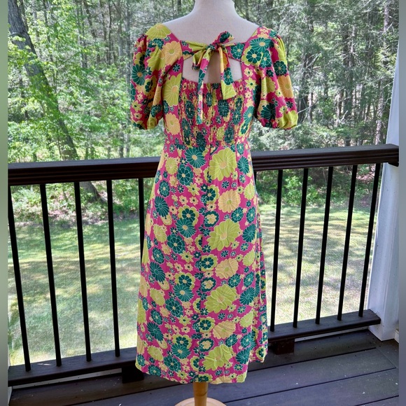 Glamorous Pink Green Yellow Size 8 Dress Floral Tie Back Square Neck Side Split - Picture 7 of 13